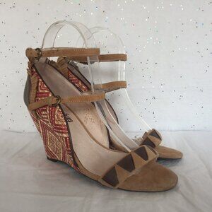 Faryl Robin Anthropologie Tan Leather Bohemian Tribal Wedge Strap Sandal - 7.5